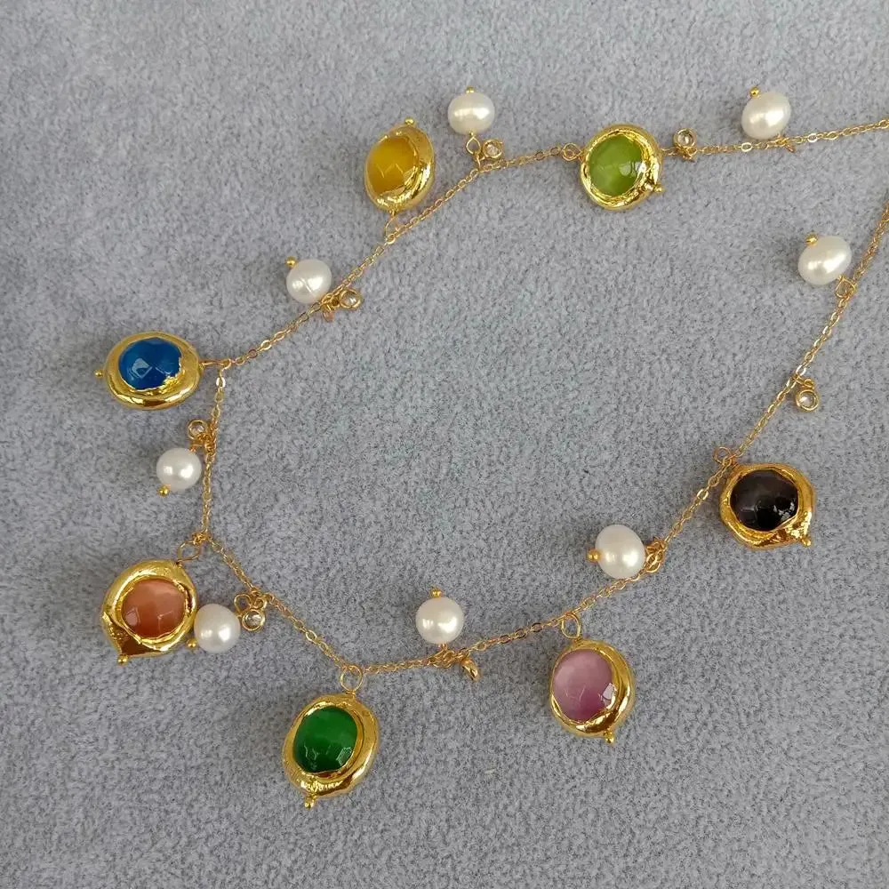 Freshwater Pearl Multi-Color Cat Eye  Necklace