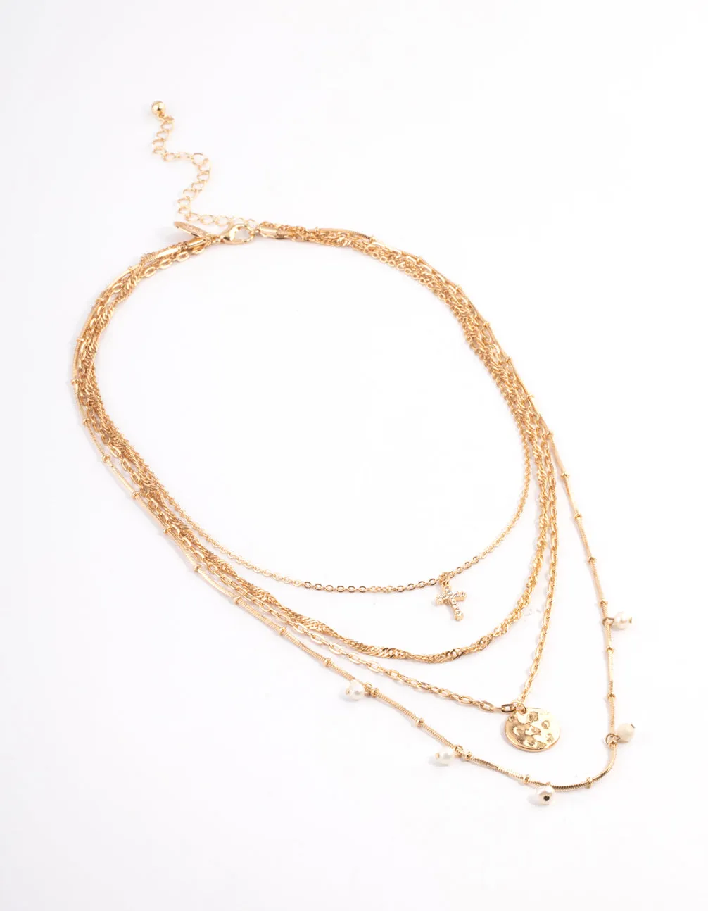 Gold Freshwater Pearl Layered Cross Necklace