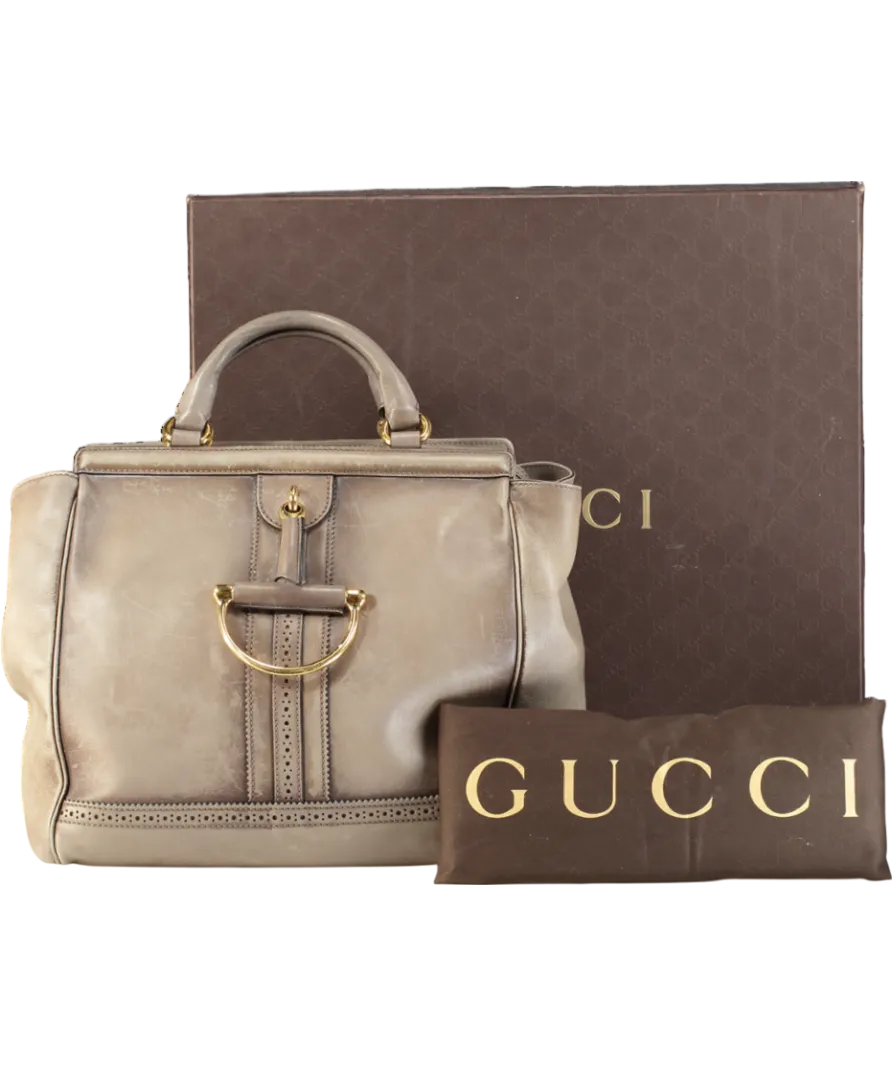 GUCCI Taupe Leather Duilio Brogue Satchel Handbag