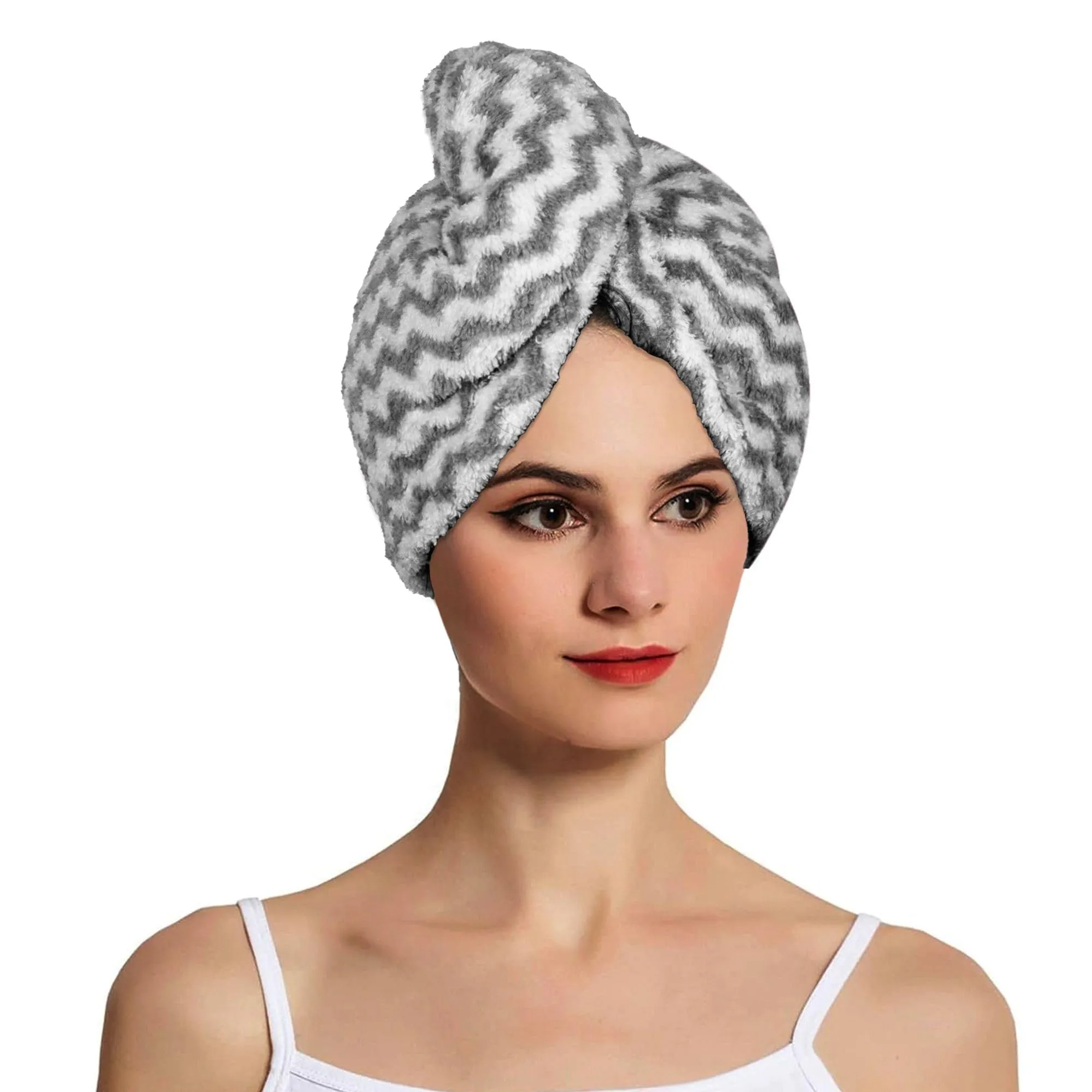 Heart Home Hair Wrapper | Hair-Drying Towel | Hair Bathrobe for Women & Girls | Hair Dry Cap Bath Towel | Microfiber Hair Turban Towel | Quick Absorbent Hair Towel | Zig Zag | Gray
