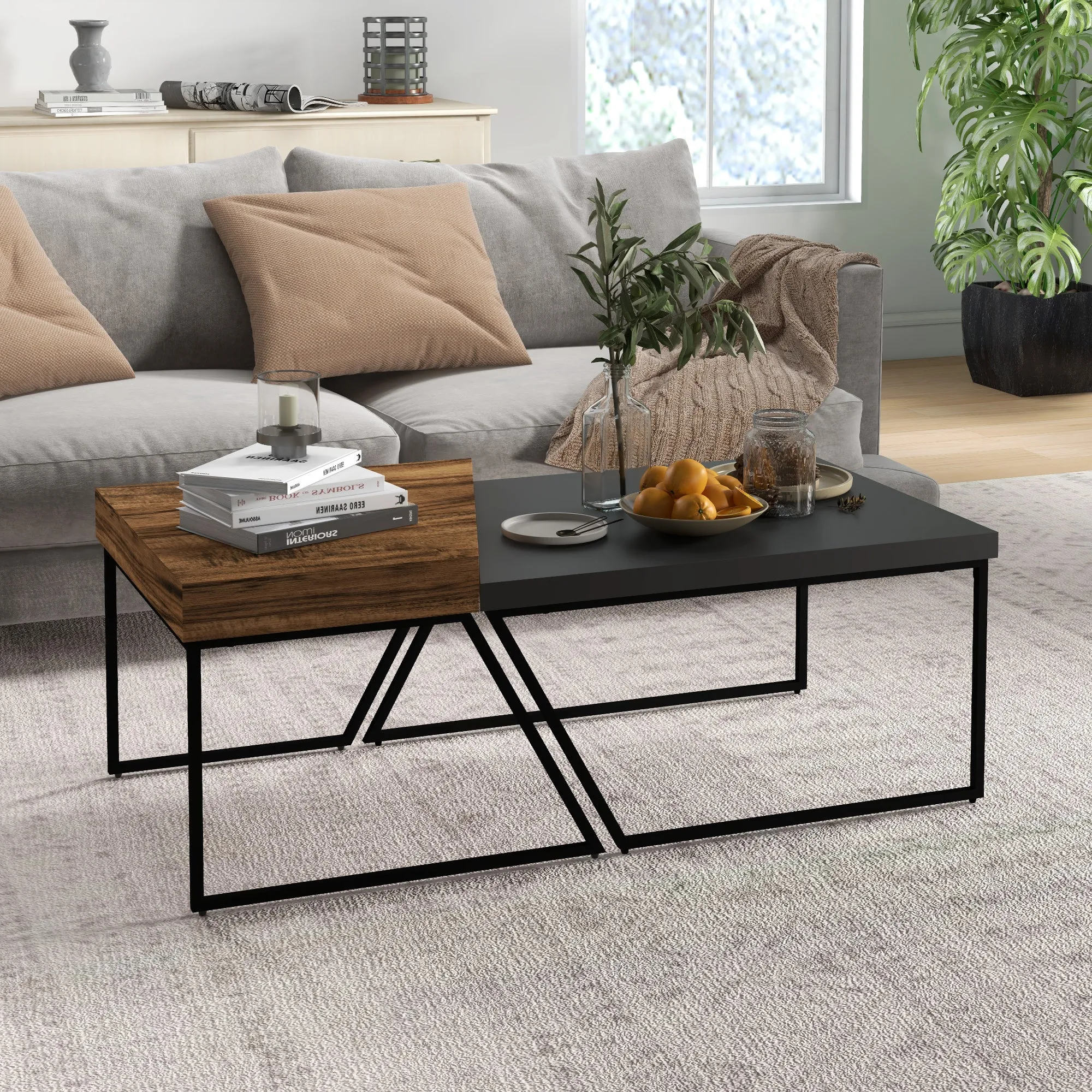 HOMCOM Coffee Table Set of 2, Geometric Coffee Table with Spacious Legroom, Steel Frame and Thick Tabletop, Industrial Coffee Tables for Living Room, Rustic Brown