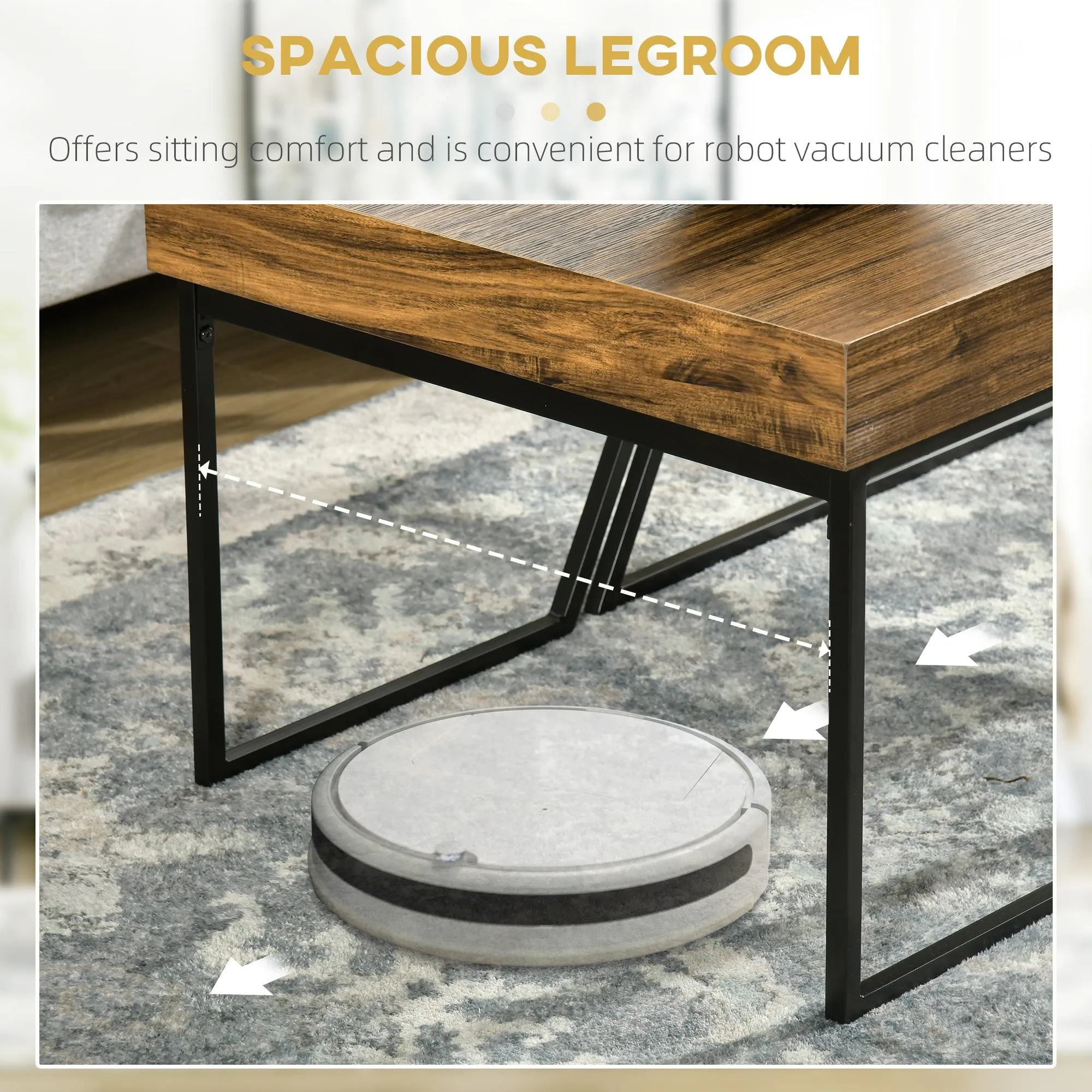 HOMCOM Coffee Table Set of 2, Geometric Coffee Table with Spacious Legroom, Steel Frame and Thick Tabletop, Industrial Coffee Tables for Living Room, Rustic Brown