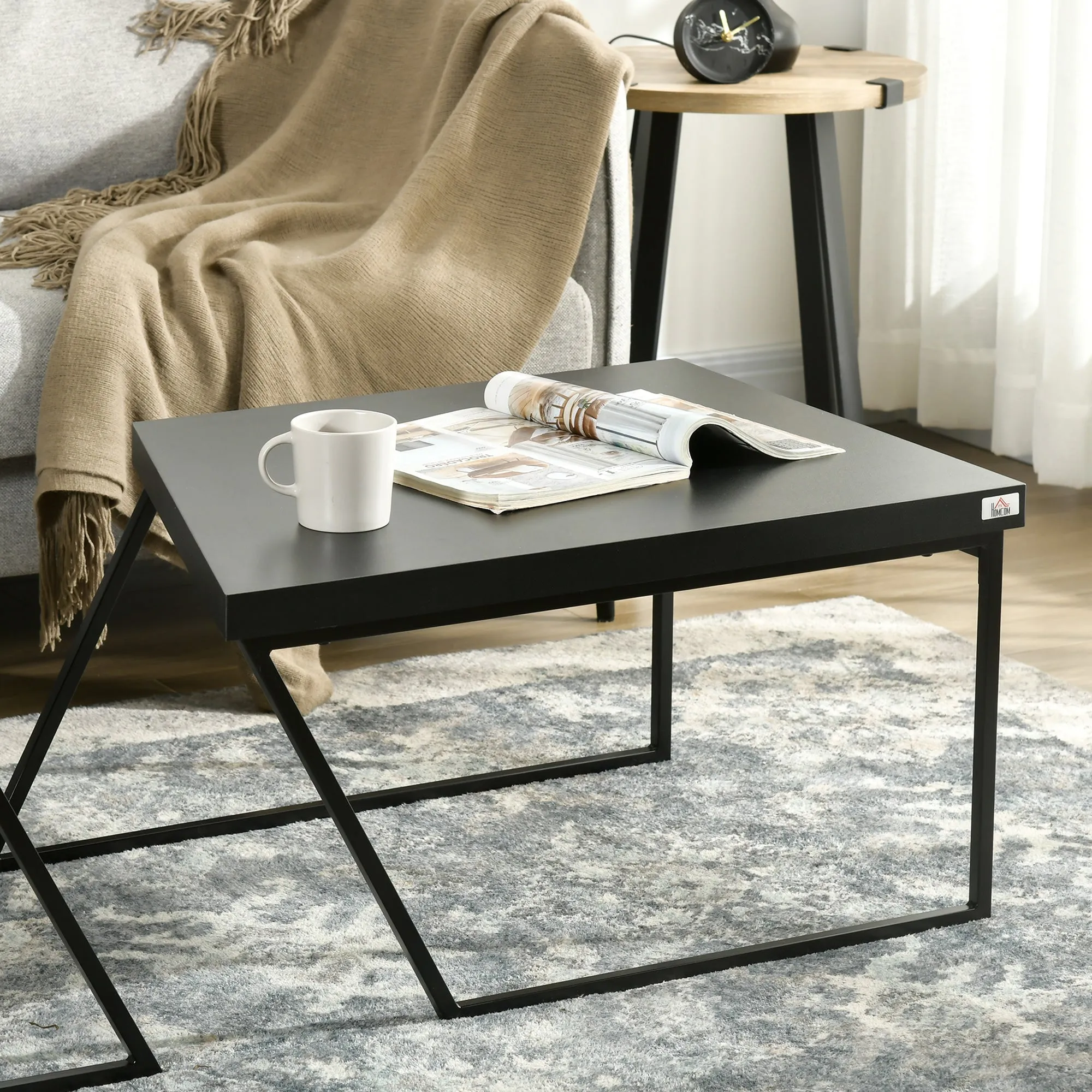 HOMCOM Coffee Table Set of 2, Geometric Coffee Table with Spacious Legroom, Steel Frame and Thick Tabletop, Industrial Coffee Tables for Living Room, Rustic Brown
