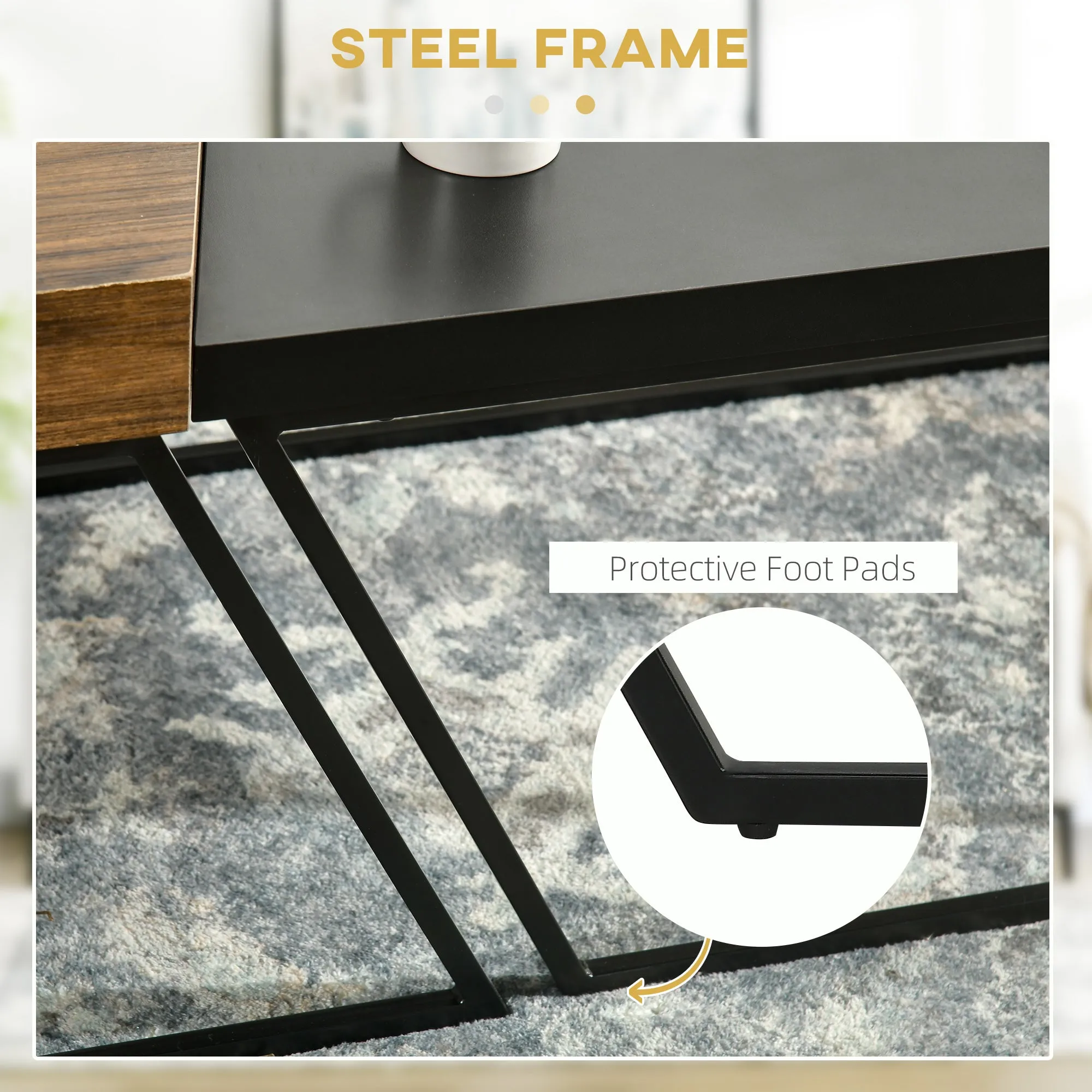 HOMCOM Coffee Table Set of 2, Geometric Coffee Table with Spacious Legroom, Steel Frame and Thick Tabletop, Industrial Coffee Tables for Living Room, Rustic Brown