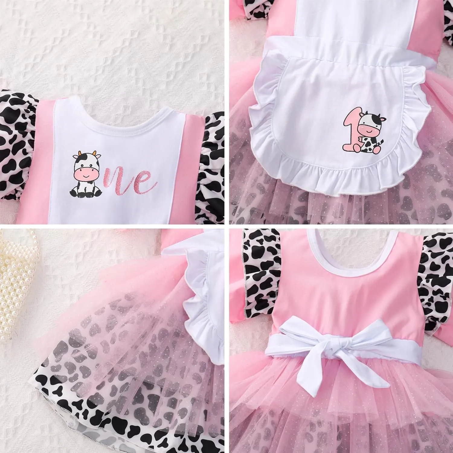 IMEKIS Baby Girl 1st Birthday Outfit Dress Headband Cow One Ruffle Sleeve Cake Smash Photo Shoot