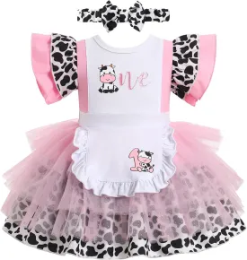 IMEKIS Baby Girl 1st Birthday Outfit Dress Headband Cow One Ruffle Sleeve Cake Smash Photo Shoot