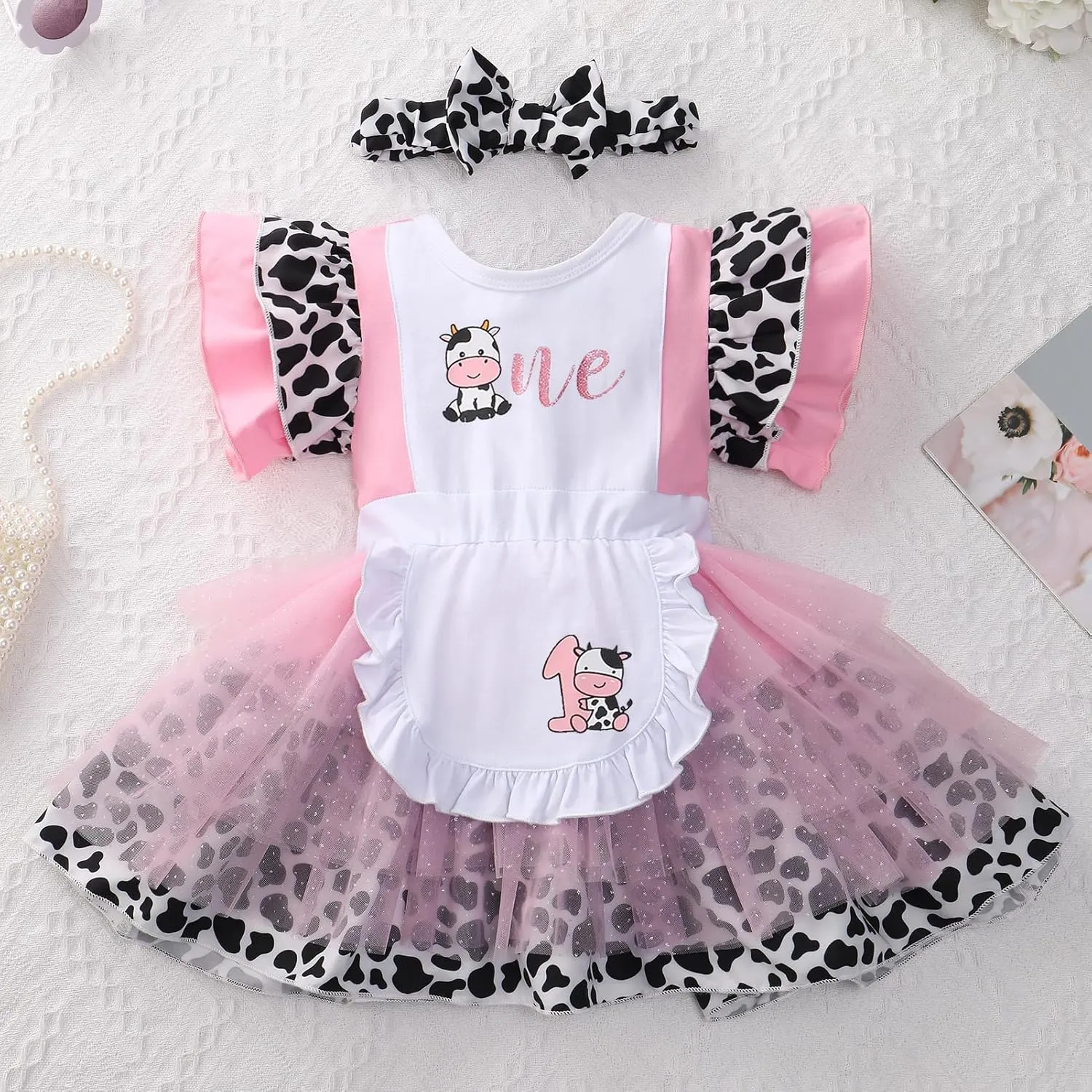 IMEKIS Baby Girl 1st Birthday Outfit Dress Headband Cow One Ruffle Sleeve Cake Smash Photo Shoot