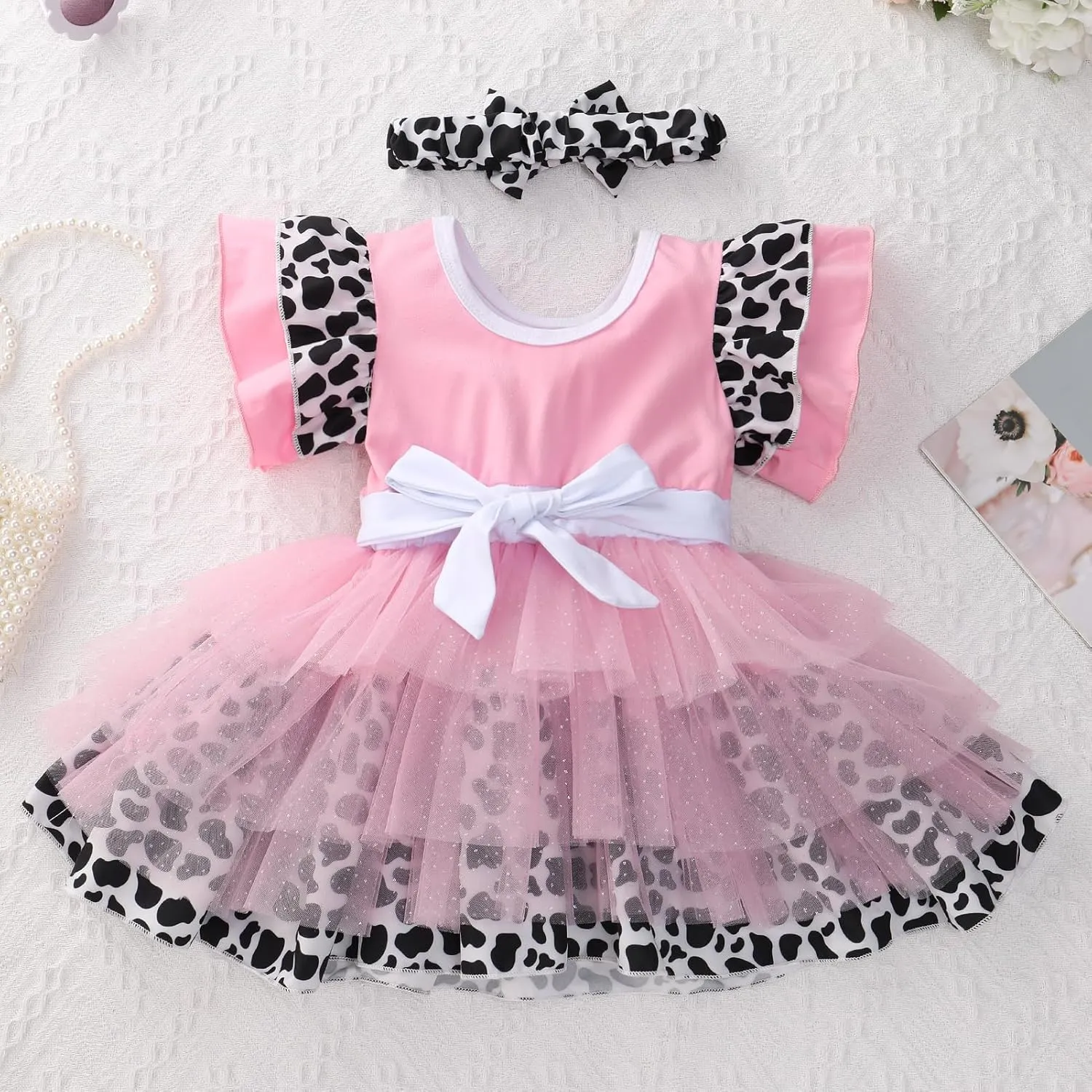 IMEKIS Baby Girl 1st Birthday Outfit Dress Headband Cow One Ruffle Sleeve Cake Smash Photo Shoot