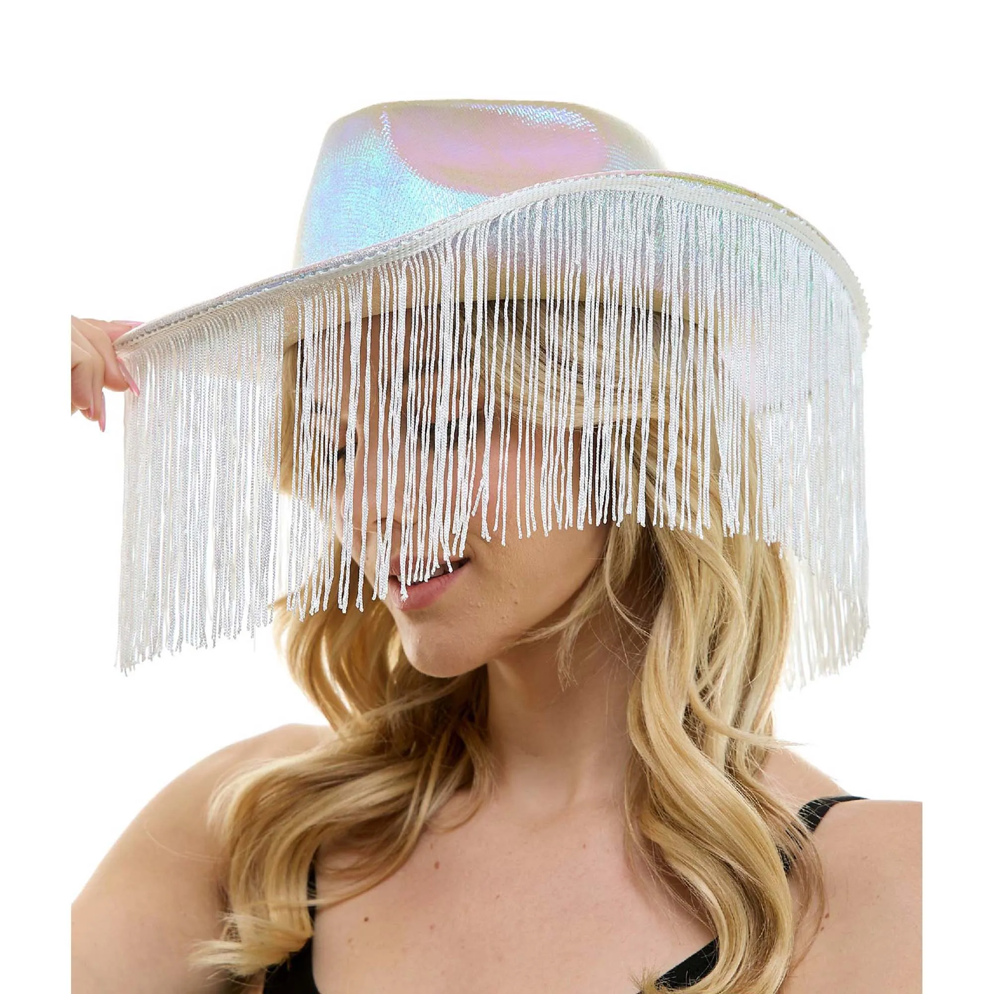 Iridescent White Cowboy Hat with Fringe for Adults