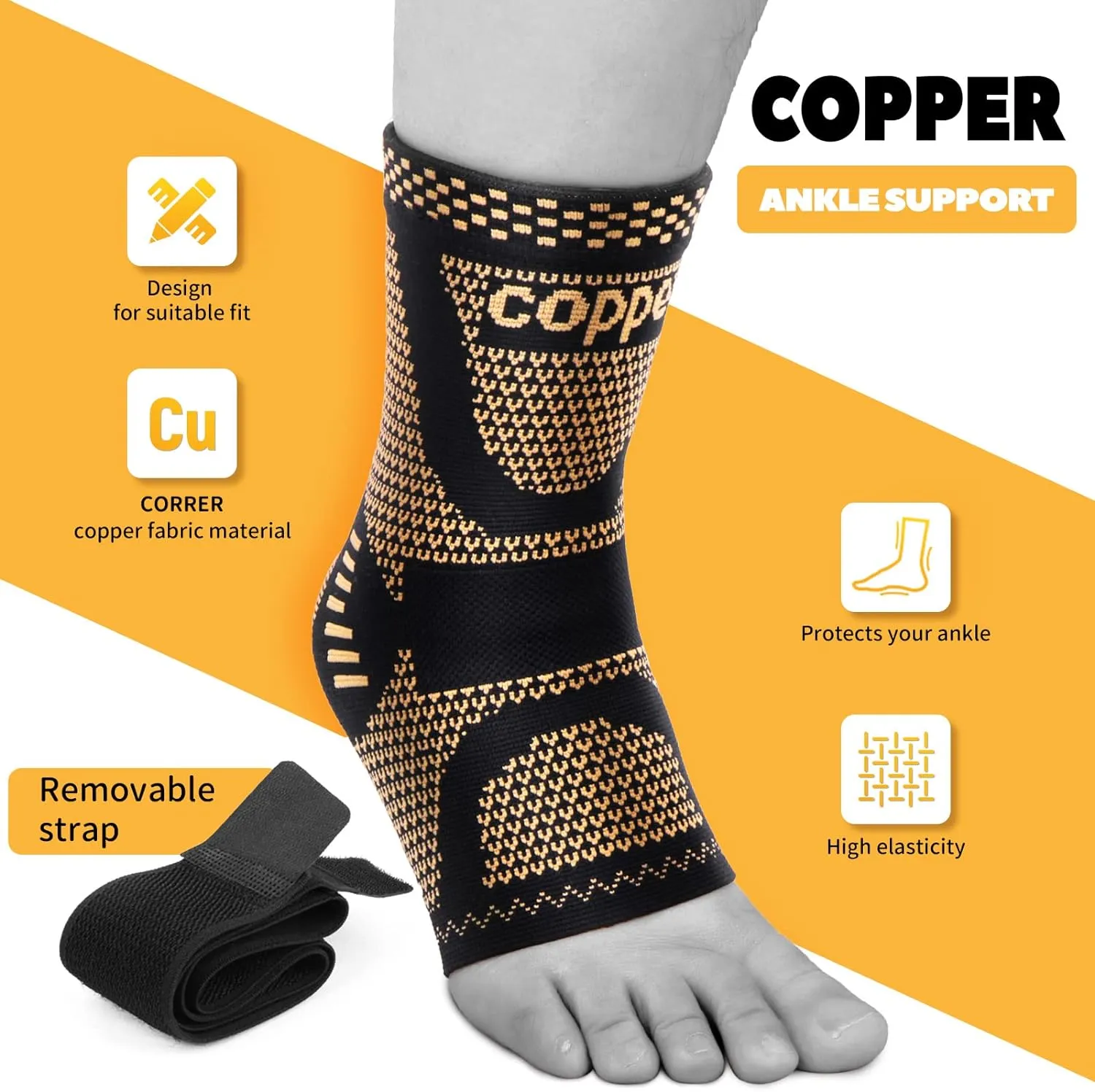 JIUFENTIAN Copper Ankle Brace Adjustable Compression Sleeve (Pair)-Ankle Support Heel Brace for Achilles Tendonitis, Plantar Fasciitis-Eases Swelling and Sprained Ankle(Medium)