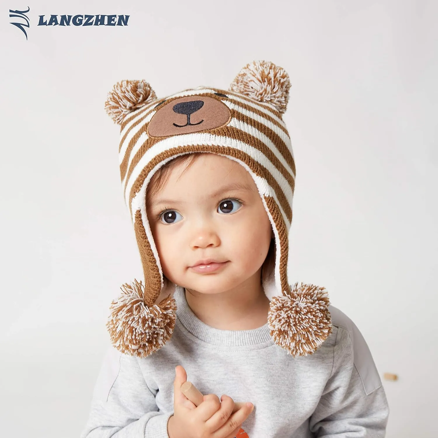 LANGZHEN Toddler Kids Infant Winter Hat,Earflap Knit Warm Cap Fleece Lined Beanie for Baby Boys Girls
