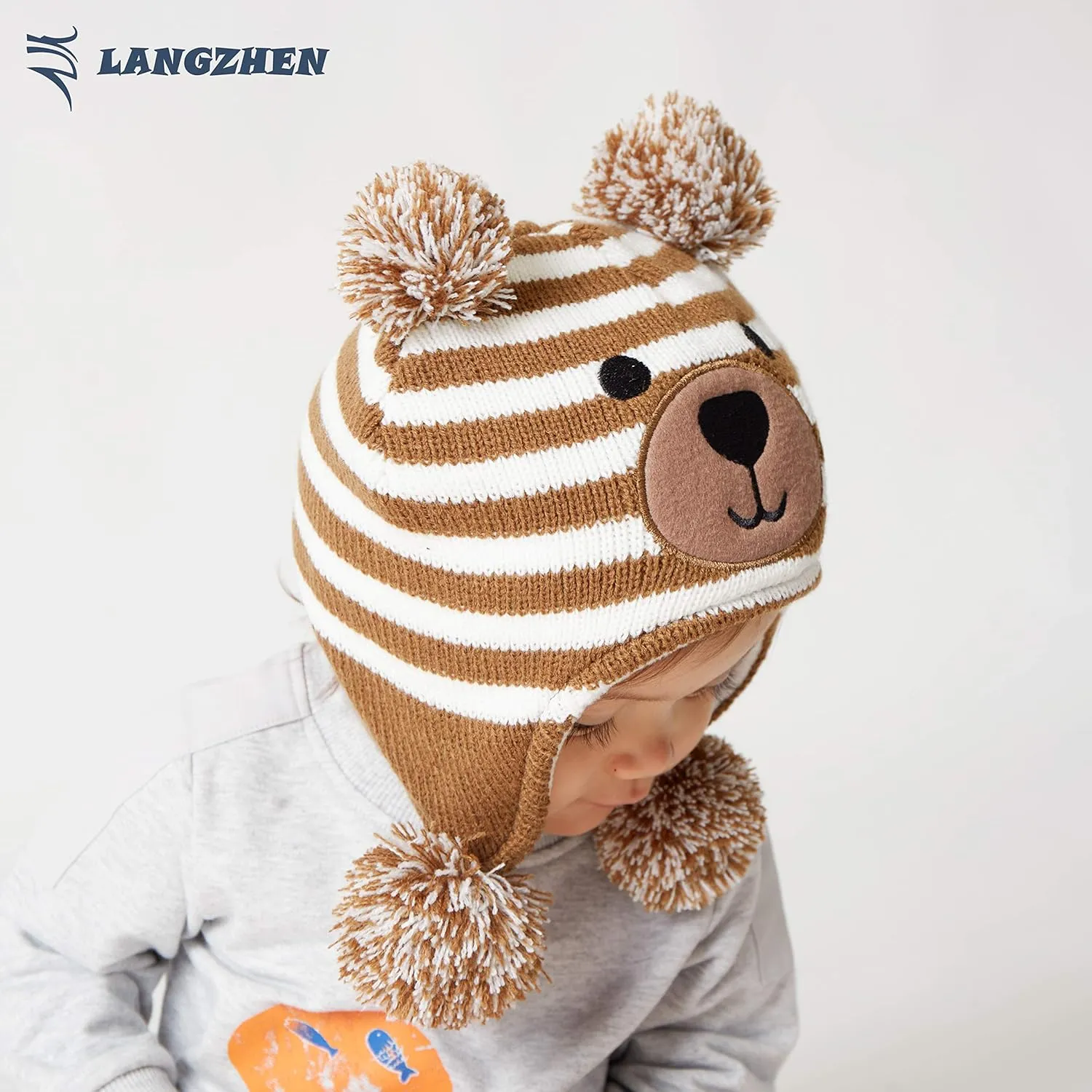 LANGZHEN Toddler Kids Infant Winter Hat,Earflap Knit Warm Cap Fleece Lined Beanie for Baby Boys Girls