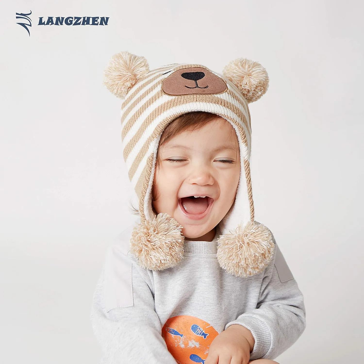 LANGZHEN Toddler Kids Infant Winter Hat,Earflap Knit Warm Cap Fleece Lined Beanie for Baby Boys Girls