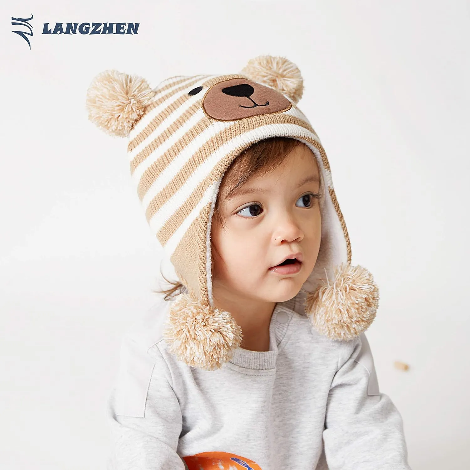 LANGZHEN Toddler Kids Infant Winter Hat,Earflap Knit Warm Cap Fleece Lined Beanie for Baby Boys Girls