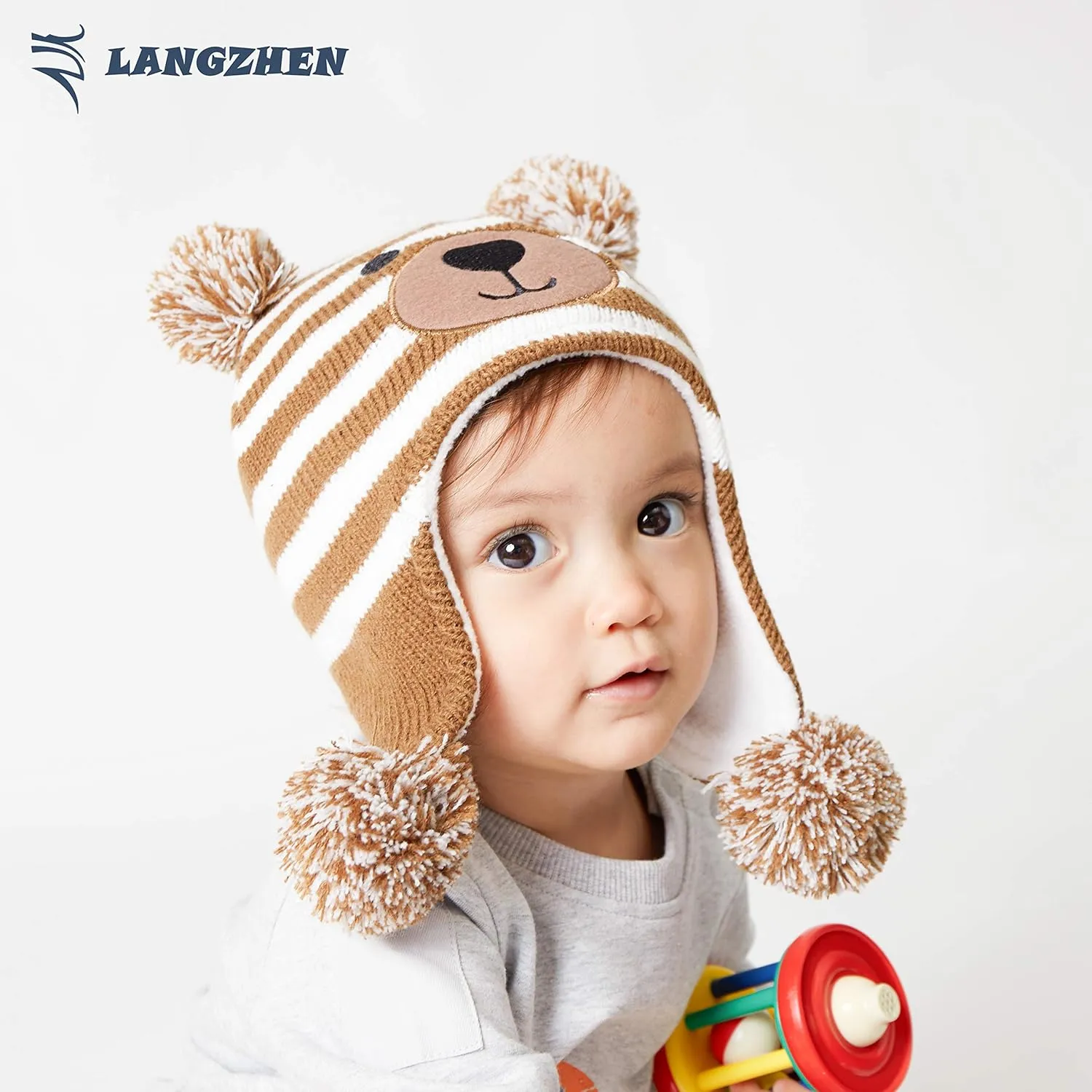 LANGZHEN Toddler Kids Infant Winter Hat,Earflap Knit Warm Cap Fleece Lined Beanie for Baby Boys Girls