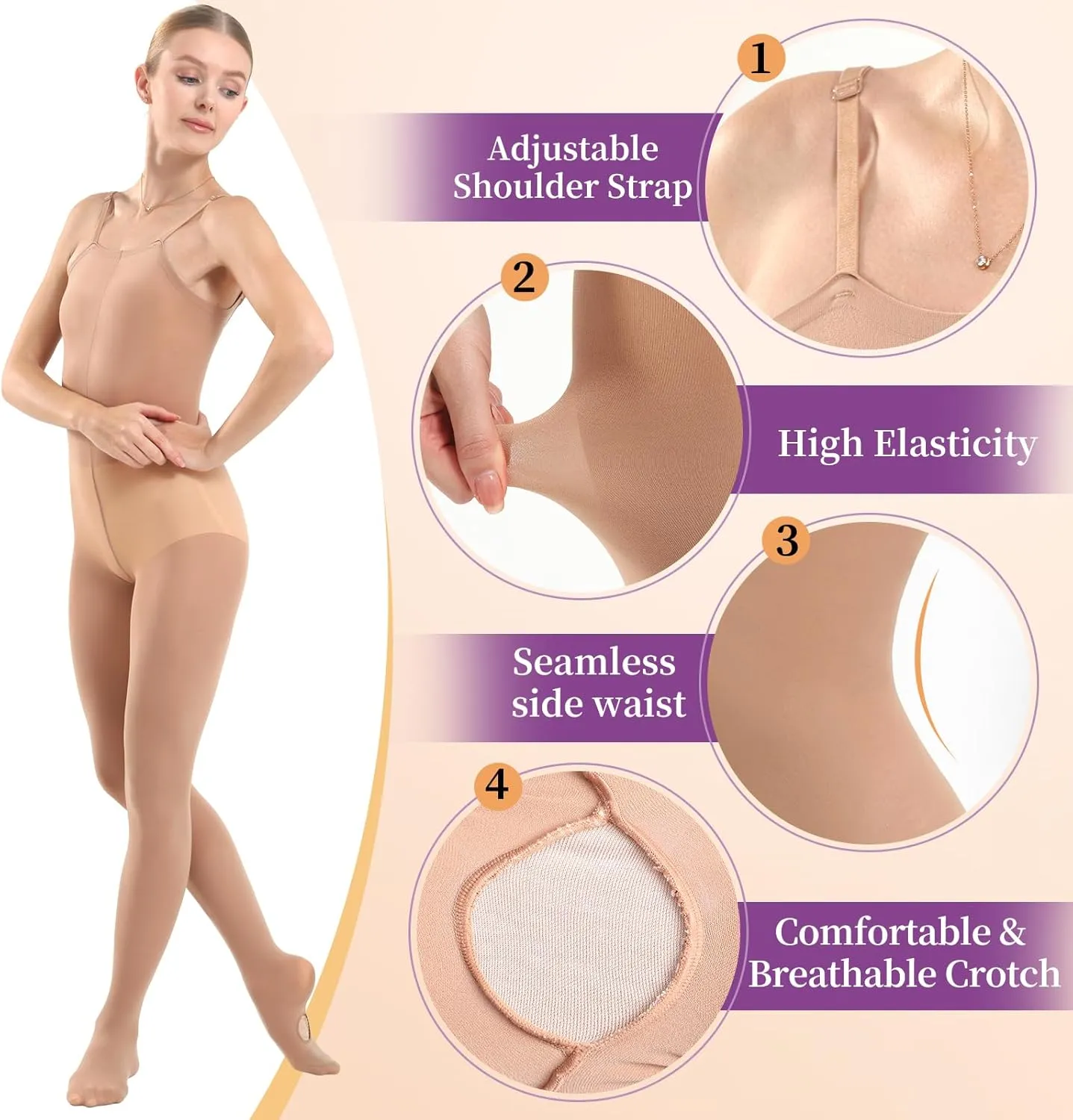 MANZI Full Body Dance Tights for Women Nude Ballet Leotard Convertible with Adjustable Straps Soft Semi Opaque Adult Tights