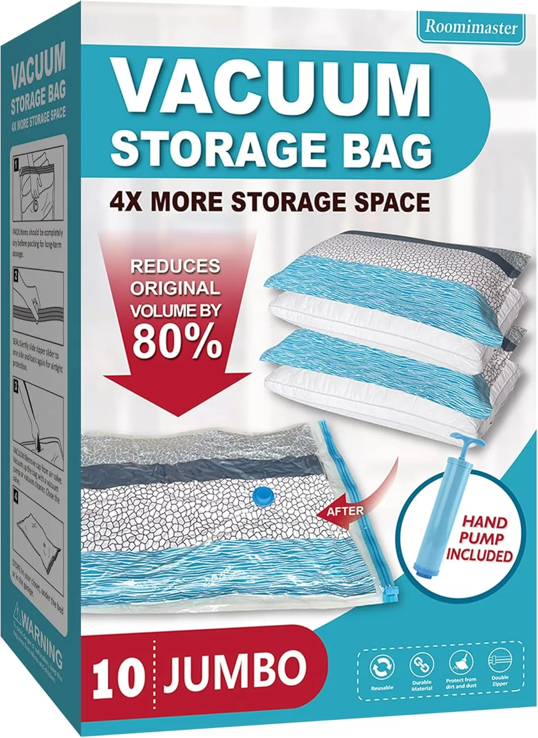 Vacuum Storage Bags - 10 Jumbo Space Saver Bags With Pump for Clothes, Comforters, Blankets, Bedding