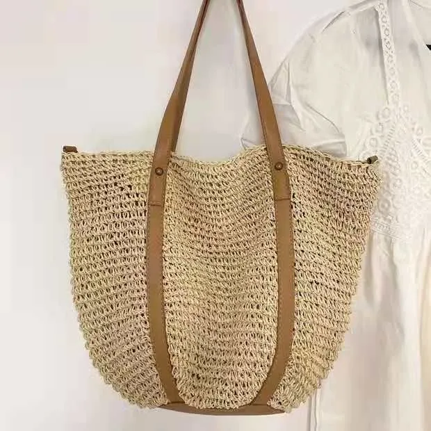Women's Hand Woven Hand-Stitched Straw Big Tote Shopper Bag Summer Beach