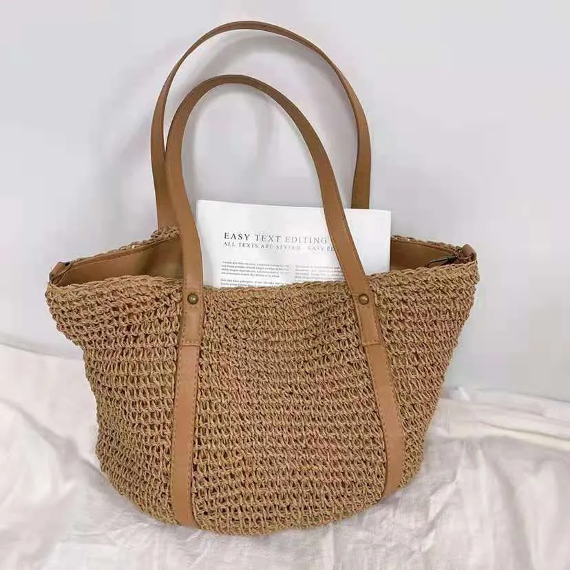 Women's Hand Woven Hand-Stitched Straw Big Tote Shopper Bag Summer Beach