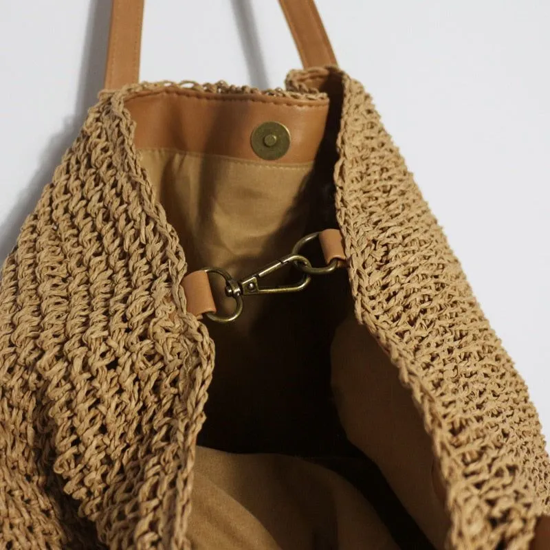 Women's Hand Woven Hand-Stitched Straw Big Tote Shopper Bag Summer Beach