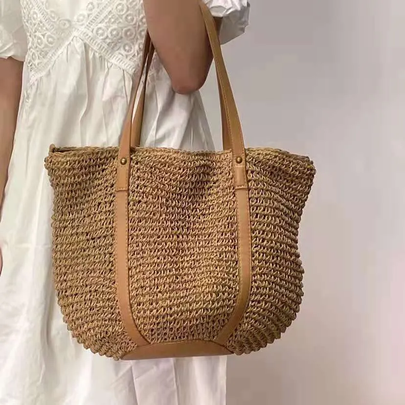 Women's Hand Woven Hand-Stitched Straw Big Tote Shopper Bag Summer Beach
