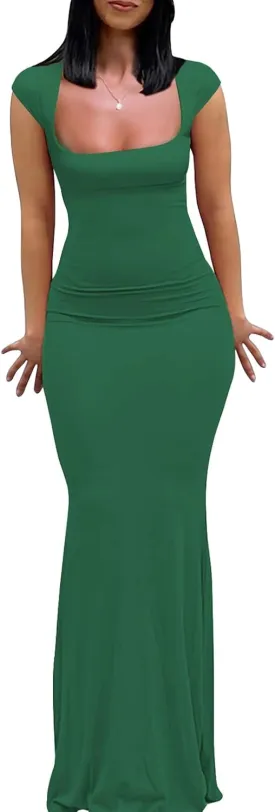 Womens Summer Cap Sleeve Square Neck Elegant Casual Lounge Bodycon Slim Maxi Evening Party Long Dress